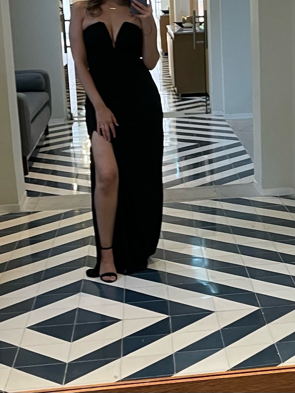 Lulu's Strapless Black Sweetheart Gown with High Slit